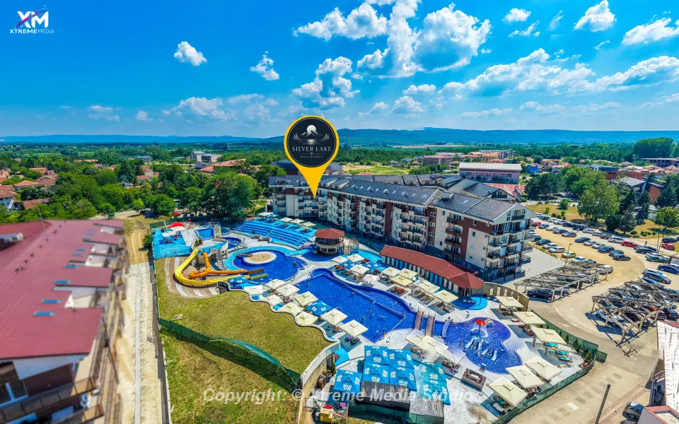Aerial view of the water park at Silver Lake, Serbia