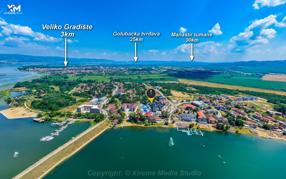 Arriving at the lake — Veliko Gradište and the surroundings from the air, with distances marked