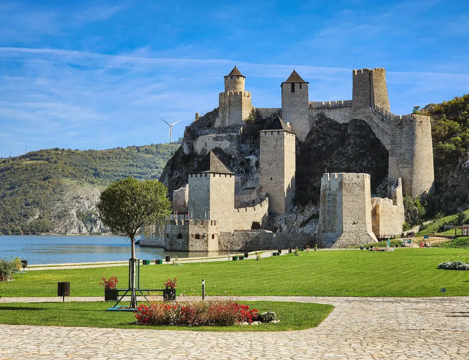 The restored towers of Golubac Fortress on the Danube
