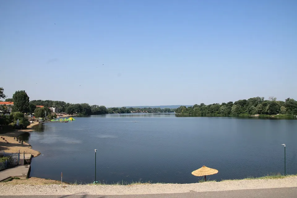 The Silver Lake beach with its floating water park